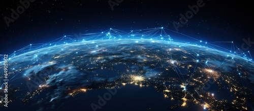 illustration symbolizing travel internet technology and communication viewed from space with elements by NASA with copyspace for text