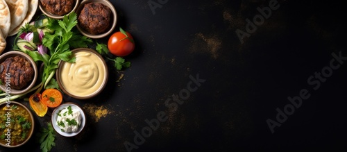 Assorted Middle Eastern or Arabic cuisine on dark background Kebab falafel baba ghanoush hummus rice with vegetables tahini kibbeh pita Halal Space for text Top view with copyspace for text