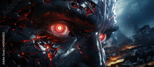 Autonomous development of superintelligent AI with godlike abilities poses a potential threat as its watchful red eyes manipulate the world with copyspace for text © 2rogan