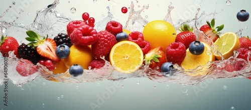 Assorted fresh fruits in a colorful mix creatively arranged with forest citrus tropical fruits and berries in a wide layout collage The juice blend creates splashes on a background of jui