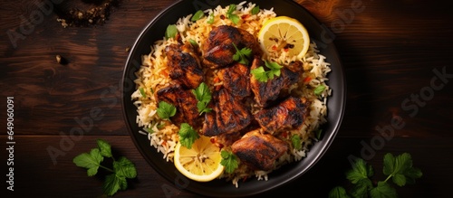 Chicken Mandy a traditional Saudi Arabian dish is a top view of the national cuisine combining chicken kabsa with rice mandi with copyspace for text