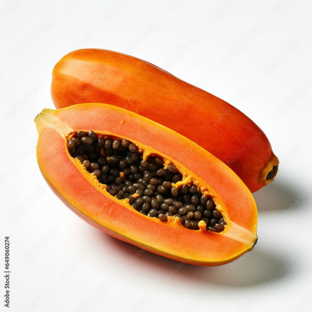 Papaya fruit isolated on white background. Clipping path included. Generative AI Papaya fruit isolated on white background. Clipping path included. Generative AI