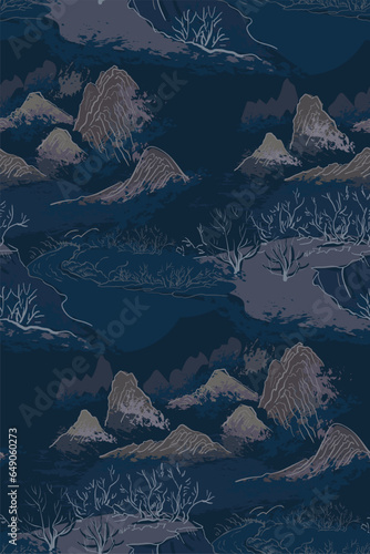 night dark blue landscape nountain japanese chinese traditional vector illustration card background seamless pattern colorful watercolor ink textured