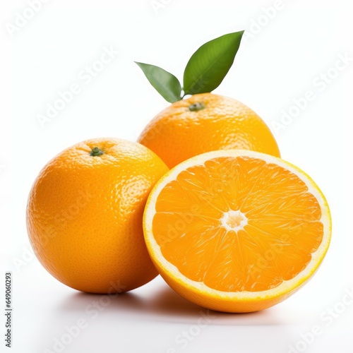 Fresh oranges with leaves isolated on white background. Clipping path included  Generative AI