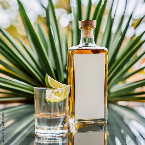 Bottle and cup of tequila with lime and agave background concept mexico drink