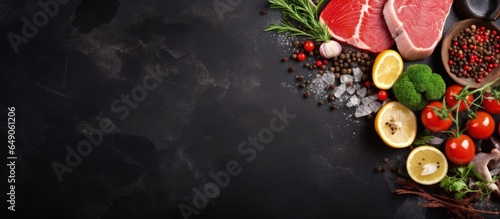 Black stone table with food being cooked with copyspace for text