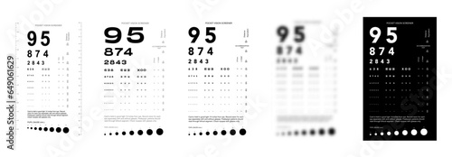 Set of Rosenbaum Pocket Vision Screener Eye Test Chart medical illustration with numbers. Line vector sketch style outline isolated on white, black background. Vision board optometrist ophthalmic