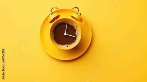 Photographie Alarm clock and coffee concept on yellow background