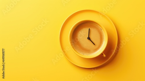 Alarm clock and coffee concept on yellow background. Top view. generative AI  photo