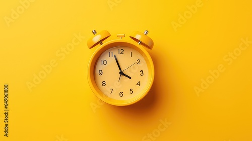 Alarm clock and coffee concept on yellow background. Top view. generative AI 