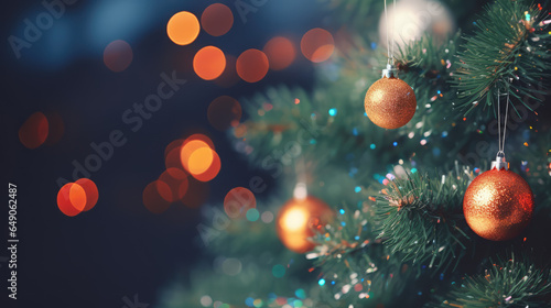 Closeup of christmas tree with blurred bokeh background