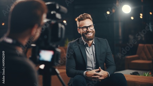 Laughing actor, during an interview. Cameraman records the broadcast. Behind the scenes of a TV production