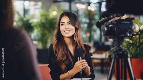 Behind the scenes of a news production. Camera films the beautiful moderator lady
