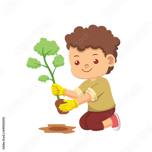 Illustration of a cute boy planting a tree. Environmental care concept        
