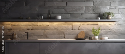 a modern kitchen with banner stone niche kitchenware sink and shelf in a grey interior photo