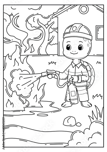 Hand drawn doodle coloring book cute turtle become a firefighter and put out the fire