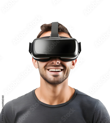 Young male wearing VR headset isolated on transparent background, AI