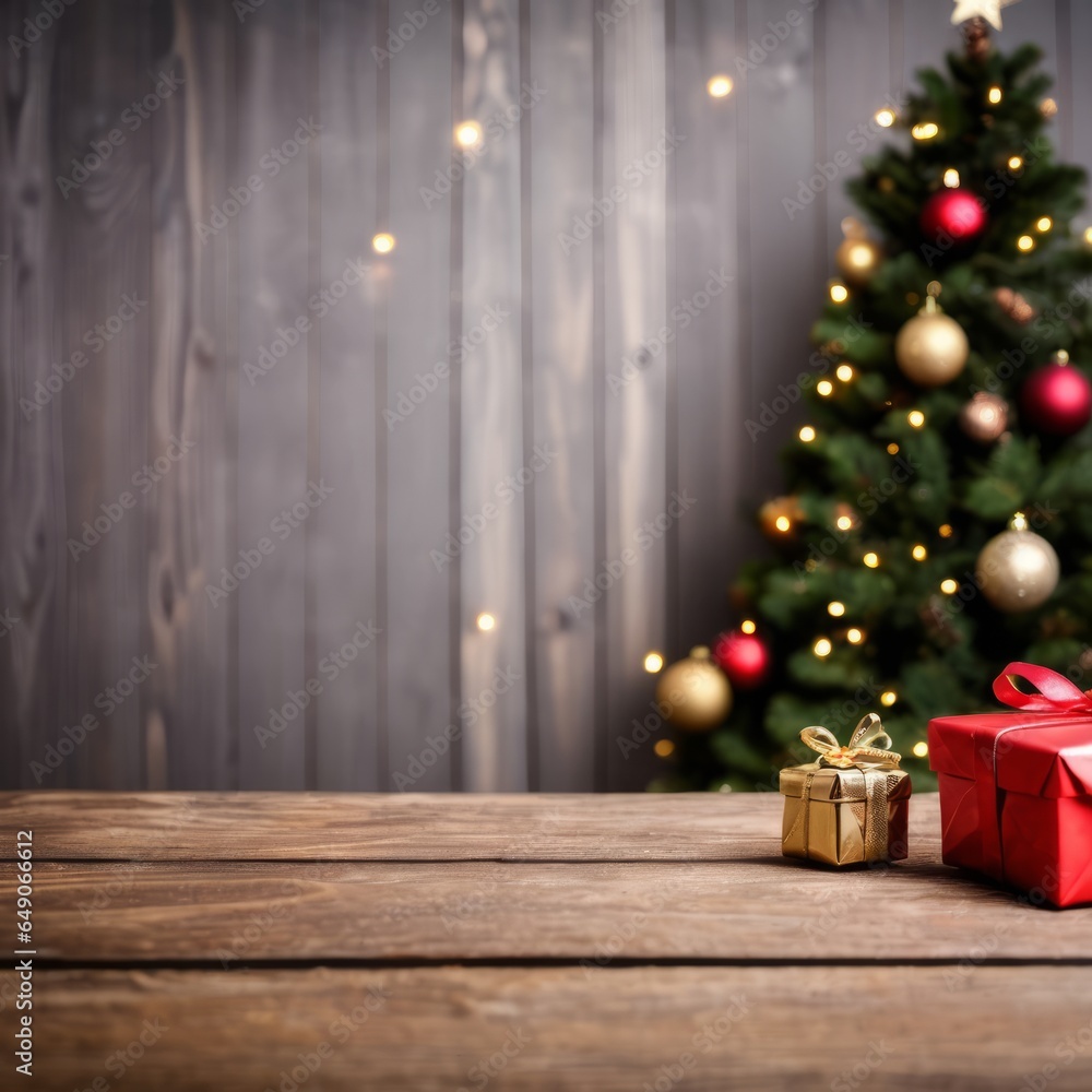 Christmas Decoration With Wooden Table, Christmas Tree, Christmas