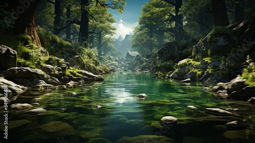 Immersive Nature  Explore the Serene Beauty of a Majestic River Landscape with Cascading Waterfalls and Lush Greenery  generative AI