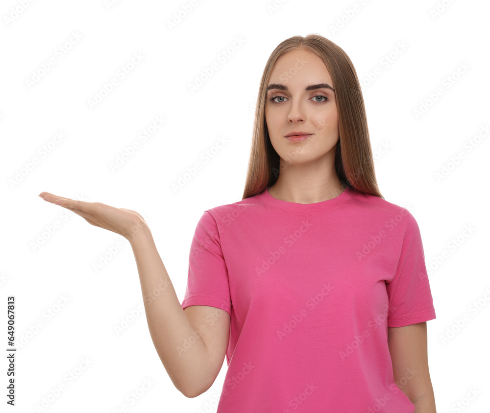 Special promotion. Young woman showing something on white background Special promotion. Young woman showing something on white background