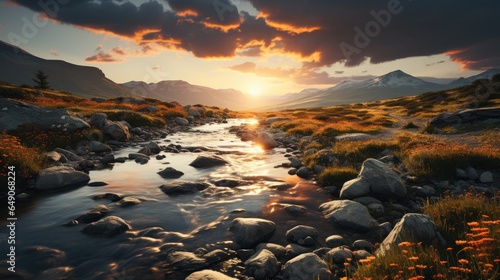 sunset over the river in the mountains  serene mountain landscape at sunset with a shimmering stream flowing amidst rocks  bathed in golden light