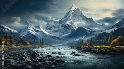 landscape, morning, river flowing from the ice cold mountains, breathtaking scene, towering snow-capped mountain peak, with a flowing river surrounded by autumnal trees and scattered rocky terrain