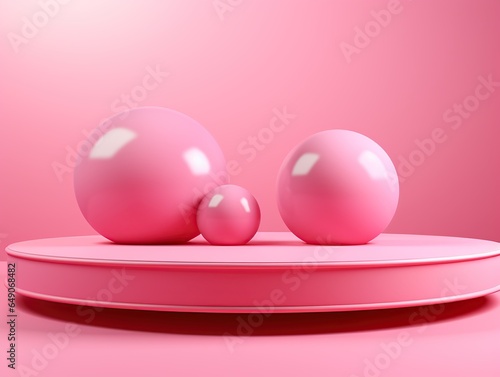 Abstract minimal postmodern pink background, empty cylinder podium or round stage floating balls, vacant pedestal blank mockup, place for product display, showcase stand platform, Generative Ai