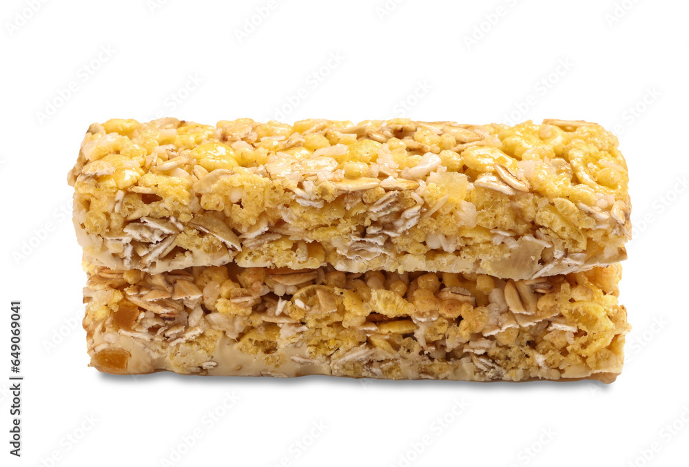 Two tasty granola bars isolated on white Two tasty granola bars isolated on white