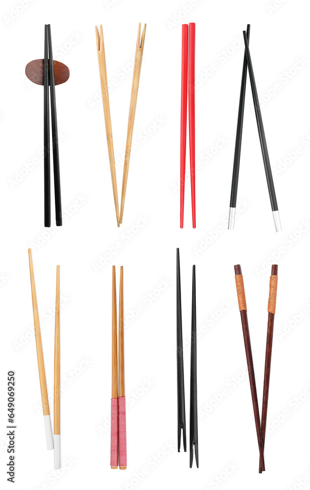 Set with different chopsticks isolated on white, top view Set with different chopsticks isolated on white, top view