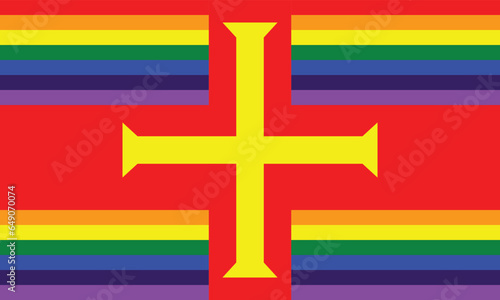 Guernsey Gay Pride Flag. The flag is derived from that of the Bailiwick by repainting the top and bottom portions of its field into rainbow colors.