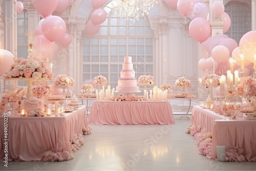 Wedding candy bar with pink balloons, cake and desserts.