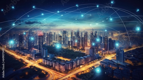 Big data connection technology. Cityscape telecommunication and communication network concept. Smart city and digital transformation.