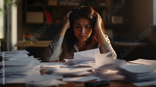 Stressed and headache woman with large bills or invoices no money to pay to expenses and credit card debt. shortage, Financial problems, mortgage, loan, bankruptcy, bankrupt, poor, gen AI