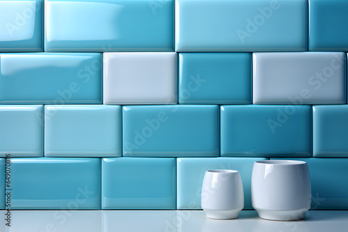 Extruded design, photorealistic detail, highly polished surfaces, color-blocked, keos masons, optical illusion; a blue tiled wall and a few mugs in the vein of light sky-blue and light azure photo