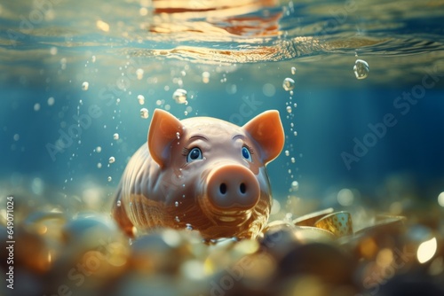 Pig piggy bank drowning in water. Debt concept. Background with selective focus and copy space