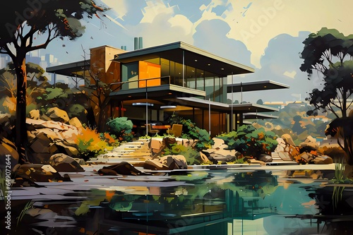 A mid-century modern style painting of a smart home