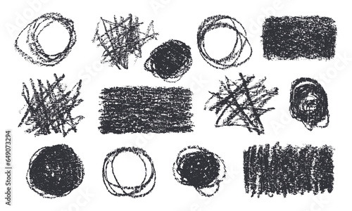 Set of black circles, squares, rectangles shapes in crayon texture on a white background. Grunge pencil scribbles in various sizes, circular crude crayon forms, doodle charcoal sketches