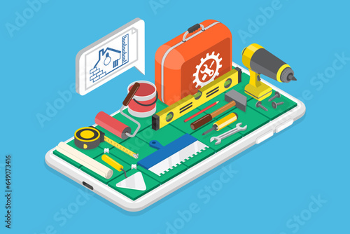 3D Isometric Flat Vector Conceptual Illustration of Home Renovation App, Online Store
