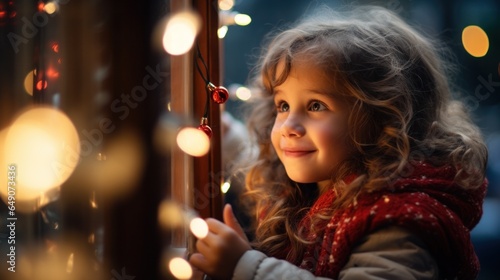 A heartwarming image, illuminated by the gentle radiance of Christmas lights, capturing a child's enchanting gaze out of the window.