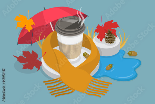 3D Isometric Flat Vector Icon of Autumn Coffee, Delicious Hot Beverage