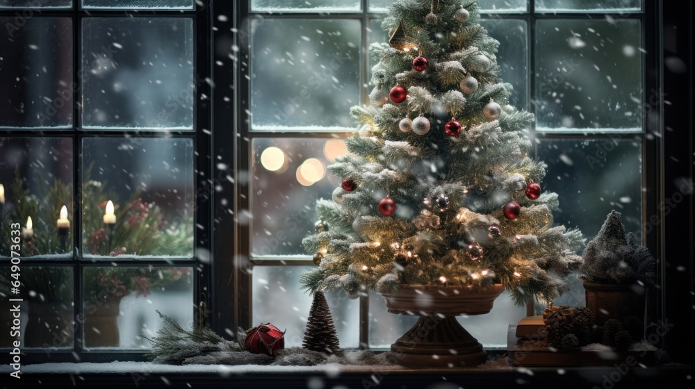 Outside, snowflakes dance in the air, while a splendidly decorated Christmas tree graces the window.