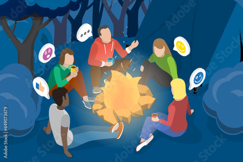 3D Isometric Flat Vector Conceptual Illustration of Campfire Story, Camping and Storytelling