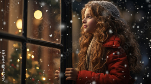 A warm and inviting photo captures the soft, enchanting radiance of Christmas lights, with a child gazing out of the window, immersed in the festive ambiance.