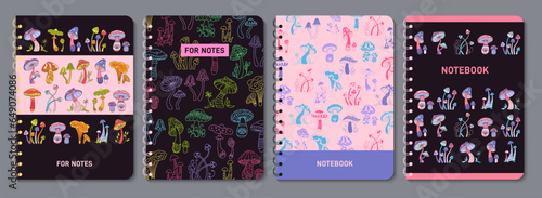 Mushrooms stylizes retro notebook cover set. Poisonous psychedelic fungus abstract design for planner, brochure, book, catalog. Notepad with mystical boho mushrooms. Decorative layout page template