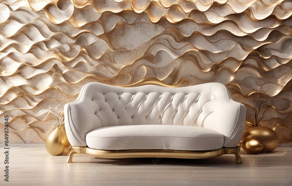 Obraz premium White Golden Armchair with Decoration on 3d White Gold Wavy Wall Background, Modern Living Room Interior, using Generative Ai