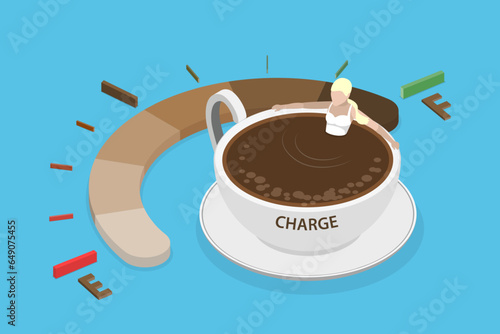 3D Isometric Flat Vector Conceptual Illustration of Coffee Refuel Gauge, Energy Drink