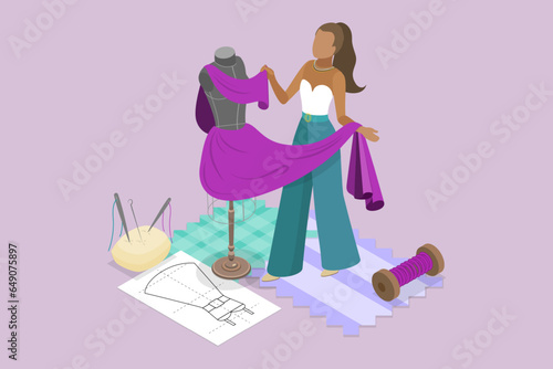 3D Isometric Flat Vector Conceptual Illustration of Fashion Designer, Manufacture of Handmade Clothes