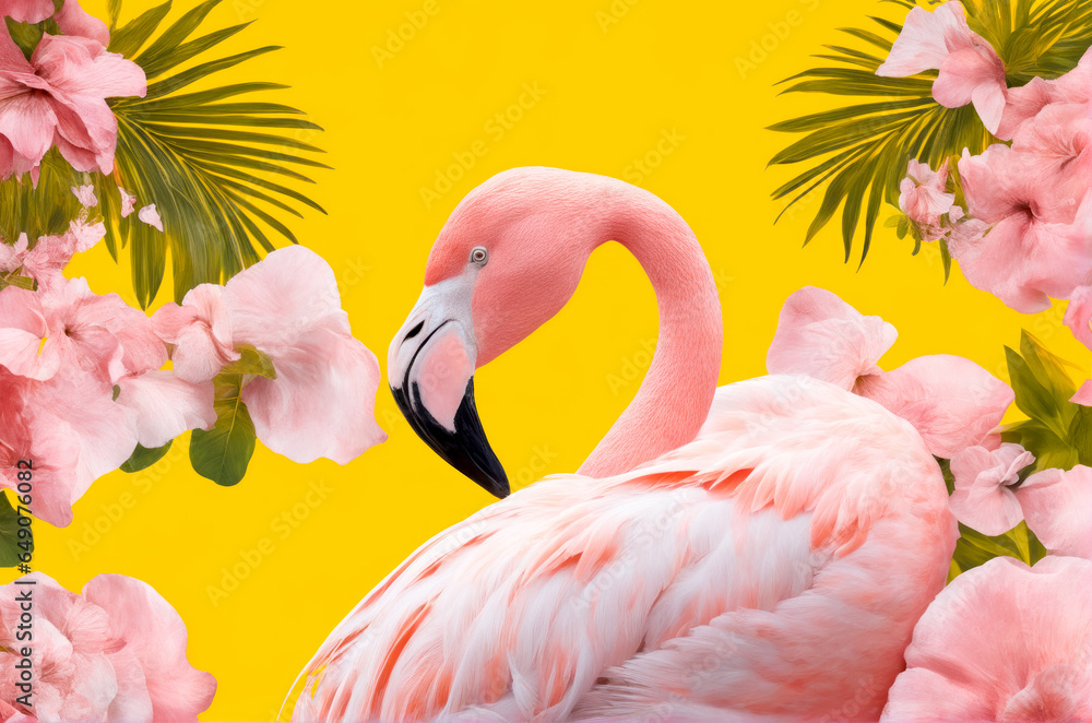 Naklejka premium Eye Catching Pink Flamingo in Yellow Setting, AI Generated