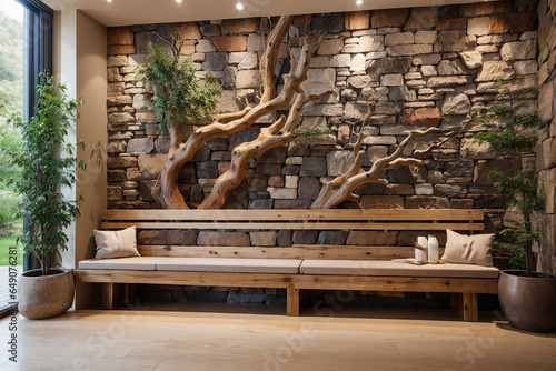 Wooden Bench in Luxury Living Room with Stone Wall with Branch of Tree, Wooden, Plant in Trendy Vase, using Generative Ai © Mira Bräker 