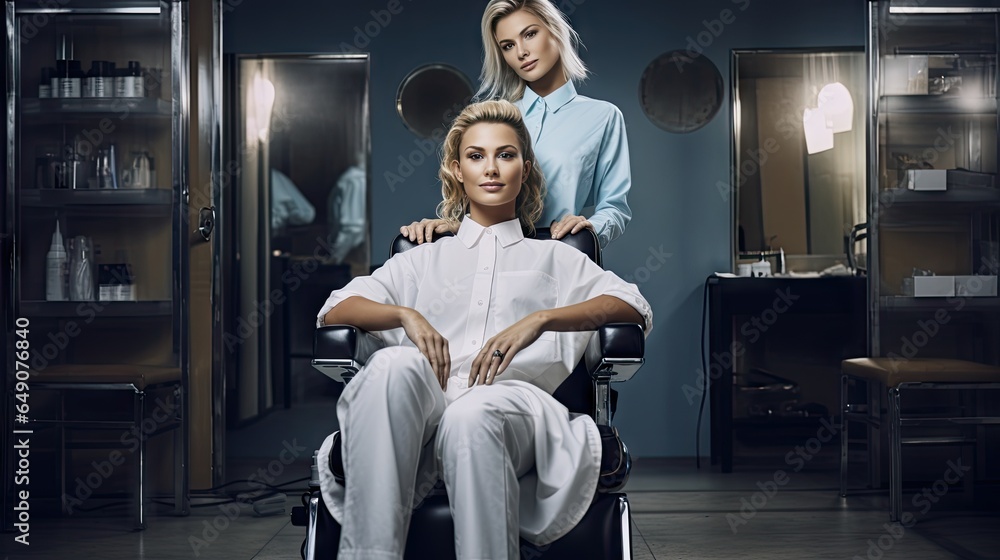 Beauty salon, female hairdresser doing hairstyle for young woman, brunette model in hair salon Beauty salon, female hairdresser doing hairstyle for young woman, brunette model in hair salon